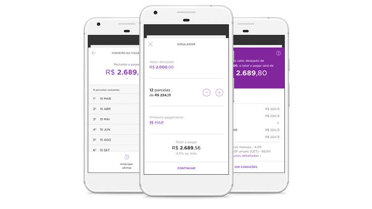 Três prints da tela de um smartphone abertas na modalidade de empréstimo pessoal do Nubank.